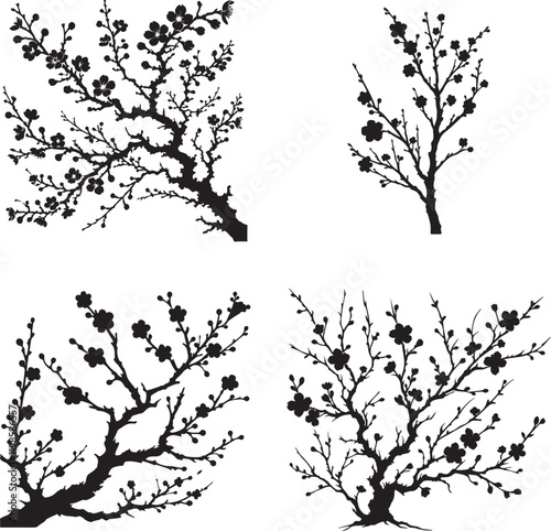 set of sakura tree branches silhouette design vector illustration.