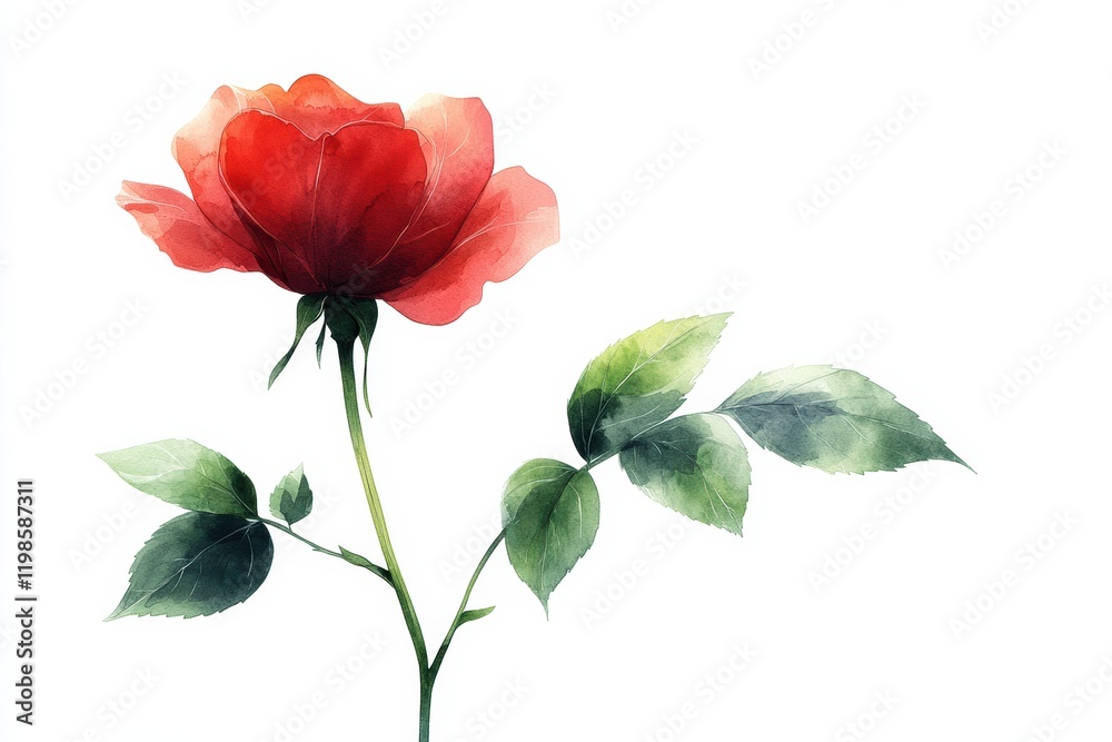 Obraz premium Vibrant Red Rose with Green Leaves on a Soft White Background