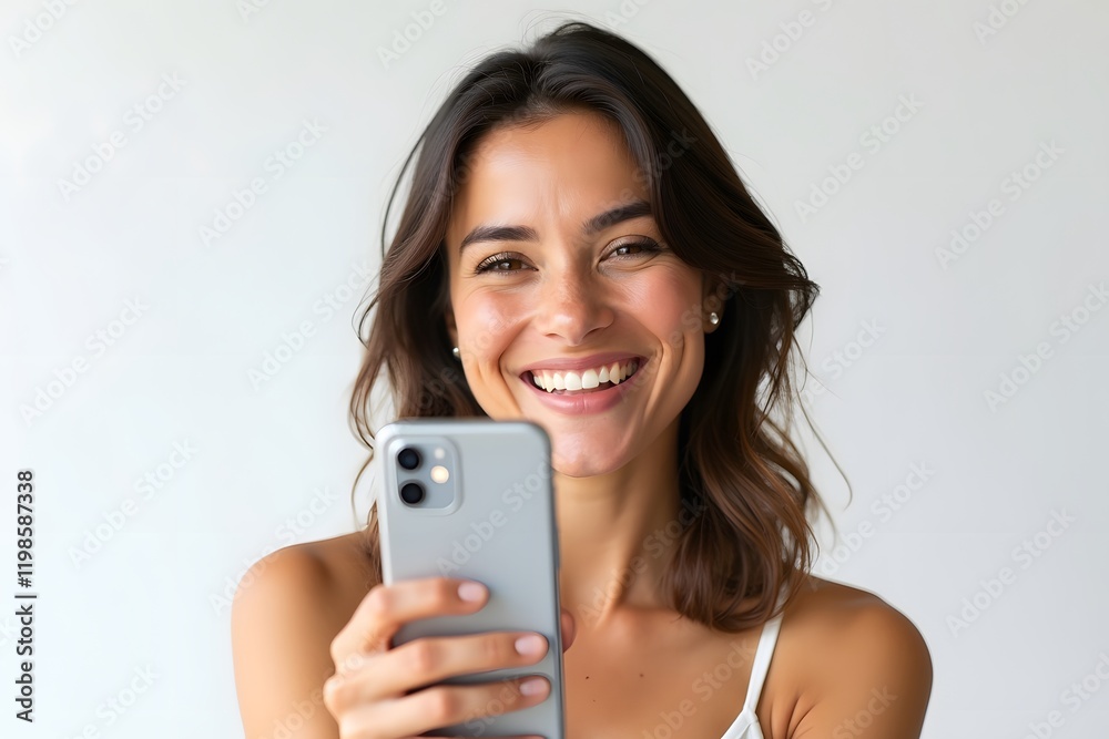 Happy woman getting good news while holding mobile phone and smiling isolated on plain white background Happy woman getting good news while holding mobile phone and smiling isolated on plain white background