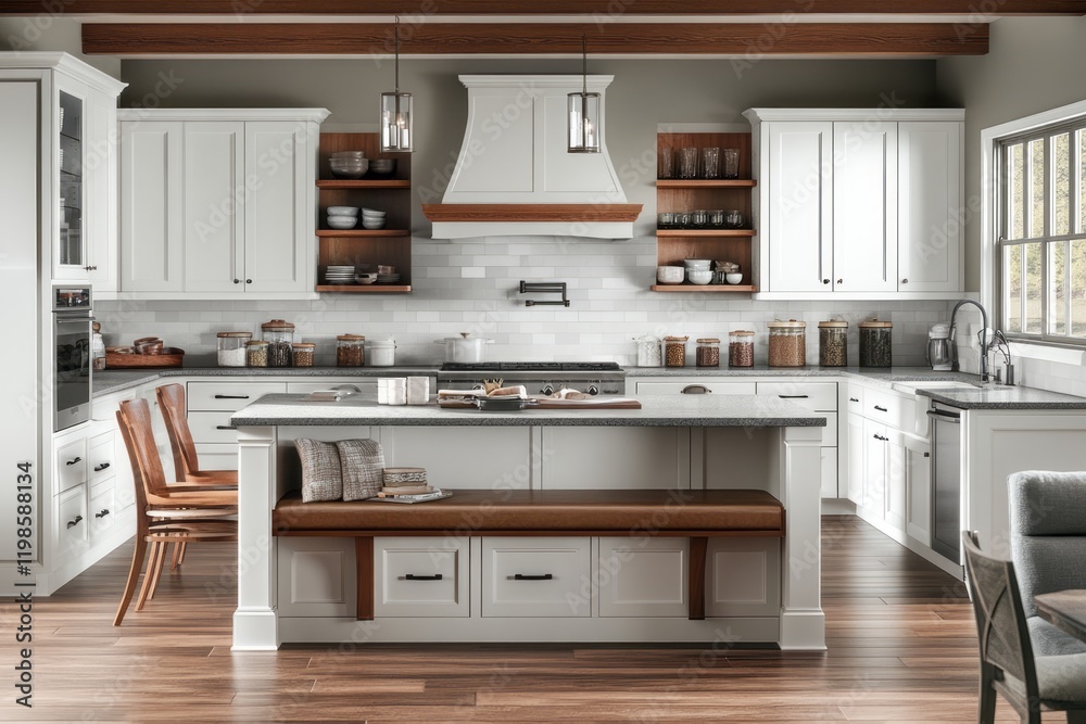 Fototapeta premium Elegant White Kitchen Island with Built In Bench Seating