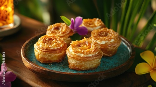 Delicious pastries on a teal plate, surrounded by tropical flowers and a drink, in a lush garden setting. photo