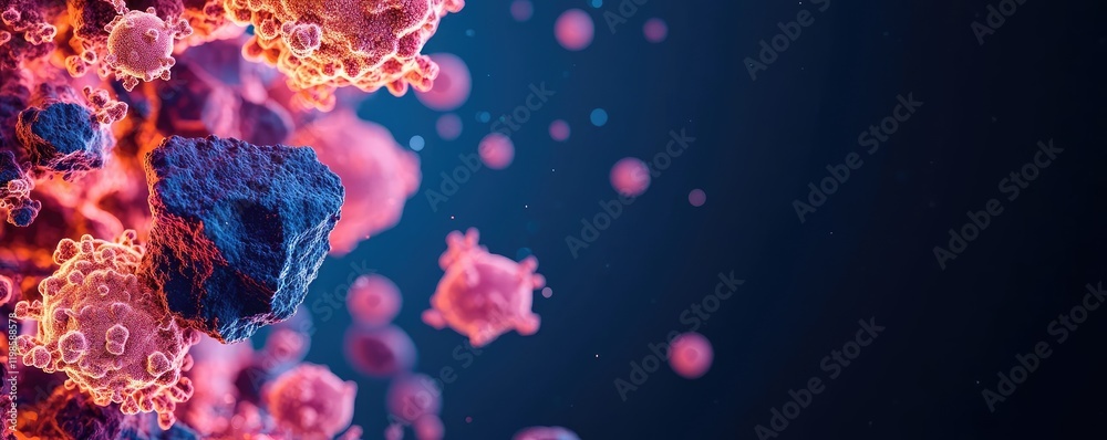 Fototapeta premium Dust pollution concept. Colorful microscopic view of cells and particles in a digital environment.