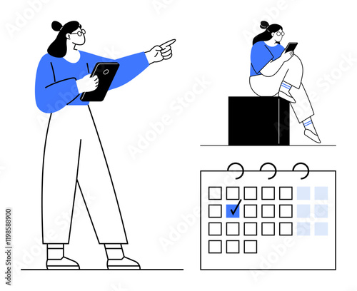 Female professional using tablet, pointing, and sitting on box while checking a device large calendar with a checked date. Ideal for time management, planning, productivity, technology, organization