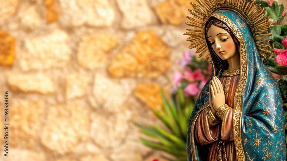 Fototapeta premium Statue of Saint Mary of Guadalupe, Virgen de Guadalupe, Honoring Mexican December Holiday