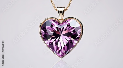 Close up of heart shaped amethyst pendant with gold chain on white background