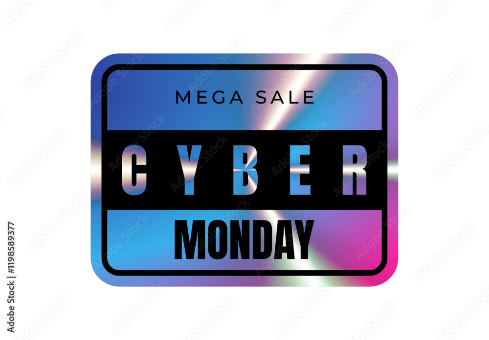 Holographic rectangle sticker. Cyber Monday, mega sale. Geometric hologram label, iridescent foil, adhesive film. Colored tag, rainbow shiny emblem. Isolated Neon vector illustration Holographic rectangle sticker. Cyber Monday, mega sale. Geometric hologram label, iridescent foil, adhesive film. Colored tag, rainbow shiny emblem. Isolated Neon vector illustration