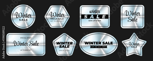 Set of holographic stickers. Winter sale. Hologram labels of different geometric shapes iridescent foil, adhesive film. Colored rainbow shiny emblems, tags. Isolated Neon vector illustration