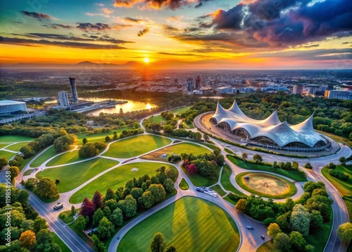 Aerial View of Munich Olympic Park, Long Exposure, Panoramic Cityscape, Germany photo