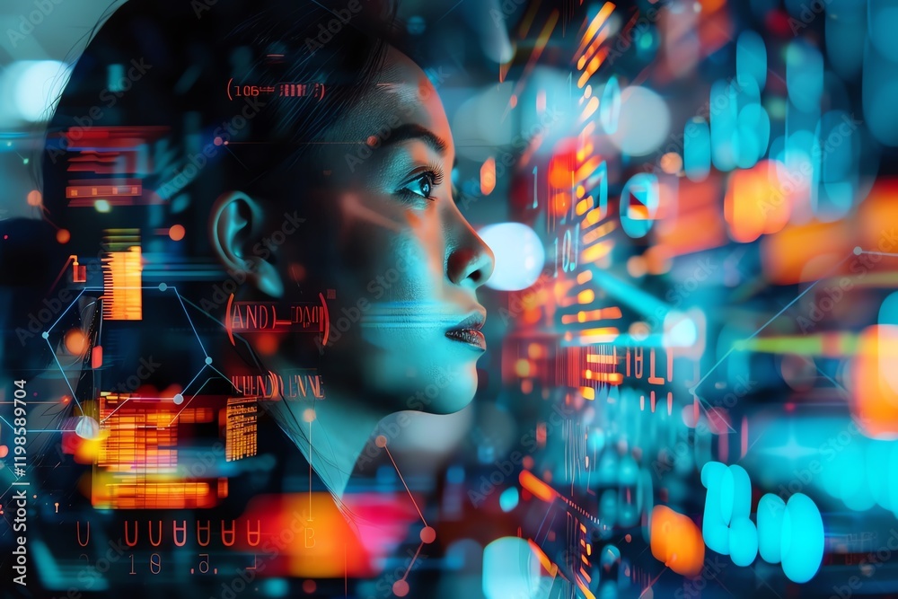 Woman analyzing data on futuristic digital screen interface with bright colorful lights and graphics, symbolizing advanced technology and innovation.