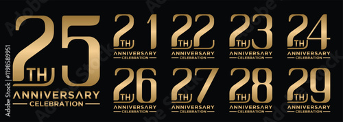 anniversary collection 21 to 29 years gold color, creative number design vector illustration. for birthday, greeting, special moment photo