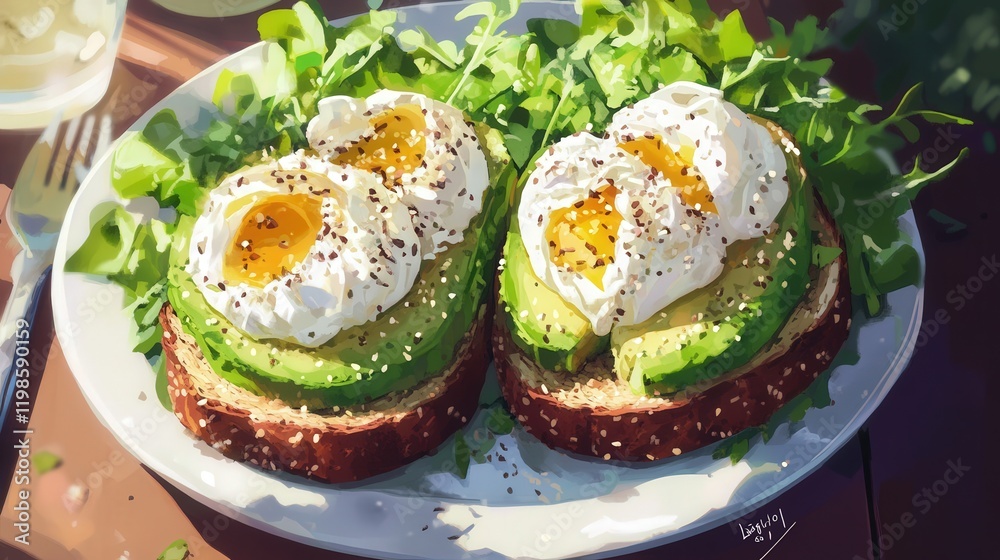 delicious plate of avocado toast topped with poached eggs, sprinkled with sesame seeds, and a side of mixed greens delicious plate of avocado toast topped with poached eggs, sprinkled with sesame seeds, and a side of mixed greens