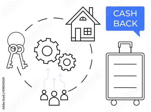 House, keys, interconnected gears, group of people, suitcase, and CASH BACK text. Ideal for real estate, teamwork, investment travel rewards financial planning customer loyalty home improvement