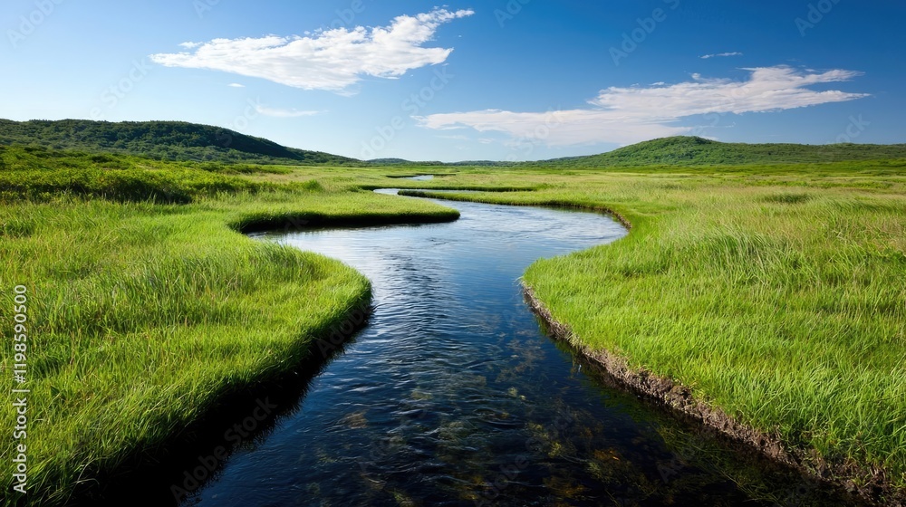 Serpentine river meanders through lush green coastal marsh under a blue sky; idyllic nature scene, perfect for travel brochures Serpentine river meanders through lush green coastal marsh under a blue sky; idyllic nature scene, perfect for travel brochures