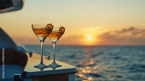 Fototapeta Naklejka Na Ścianę i Meble -  Cocktails at sunset on a private yacht ocean view lifestyle photography serene atmosphere