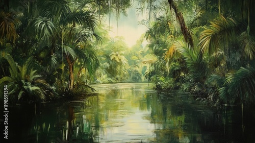 dense jungle river, surrounded by thick, humid vegetation, where the air is warm and sticky, and
