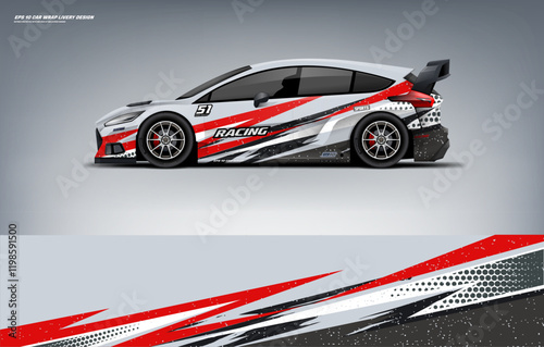 Sporty racing Car branding mockup with racing wrap decal or livery design, Hatchback wrap red and white livery design