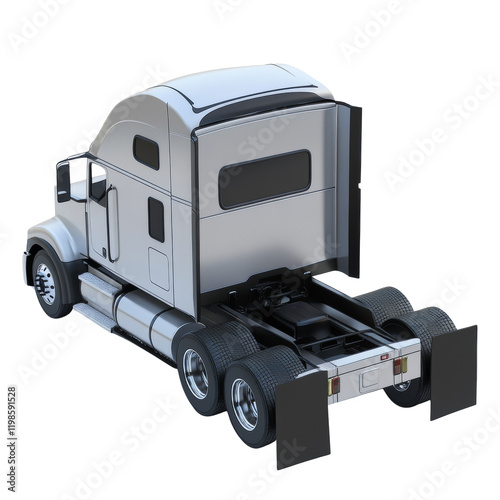 A silver semi-truck is shown from a rear three-quarter view with its rear doors open and chassis visible. photo