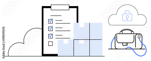 Checklist on clipboard with check marks, beside stacked boxes, connected to a cloud with a lock symbol, and a briefcase. Ideal for logistics, inventory, supply chain, e-commerce, cloud storage, data