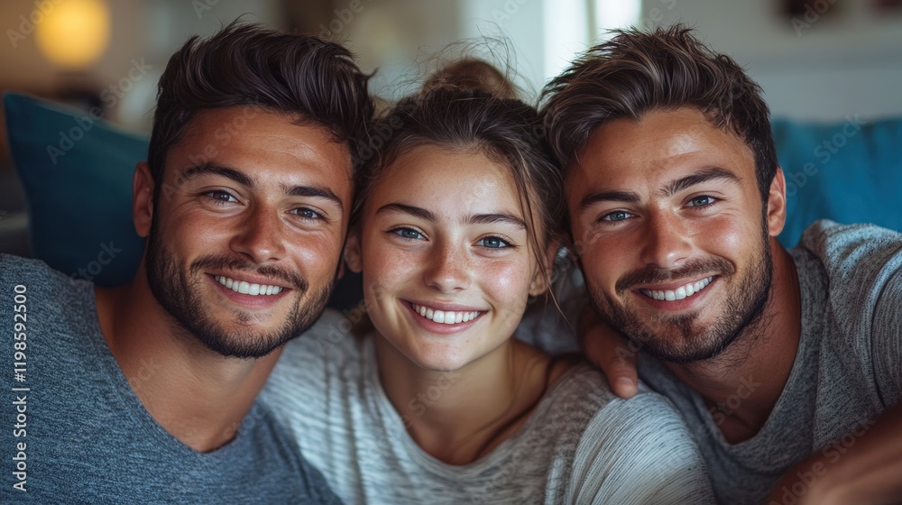 A photograph of two happy men and one girl sitting on a couch. They have different skin tones and are smiling at the camera A photograph of two happy men and one girl sitting on a couch. They have different skin tones and are smiling at the camera