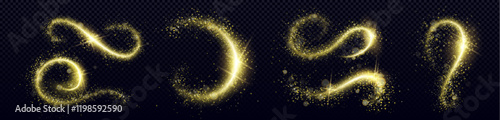 Golden glitter swirls set isolated on transparent background. Vector realistic illustration of yellow dust vortex, abstract glowing light trails, Christmas magic effect, sparkling star tail, stardust