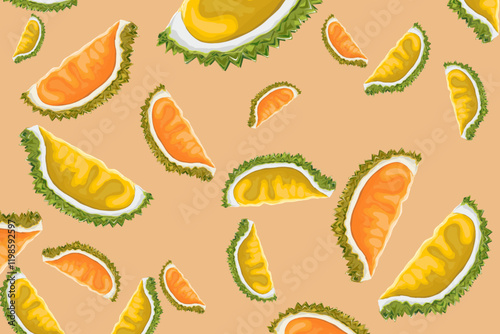 a bunch of peeled ripe durian halves spaced apart on a brown background