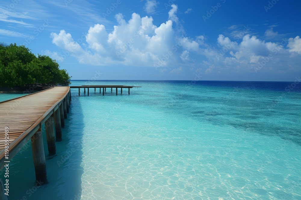A serene view of turquoise waters and wooden walkways at a Maldivian island during a bright day in paradise A serene view of turquoise waters and wooden walkways at a Maldivian island during a bright day in paradise