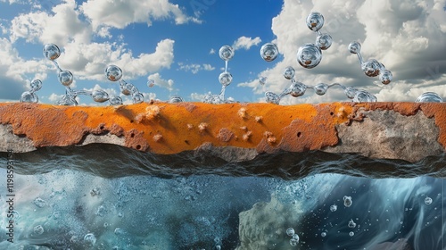 depiction of the chemical reactions involved in rusting, showing the oxidation of iron in the presence of oxygen and water to form iron oxide