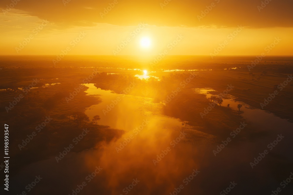 Aerial Sunset River Landscape, Golden Hour Haze Aerial Sunset River Landscape, Golden Hour Haze