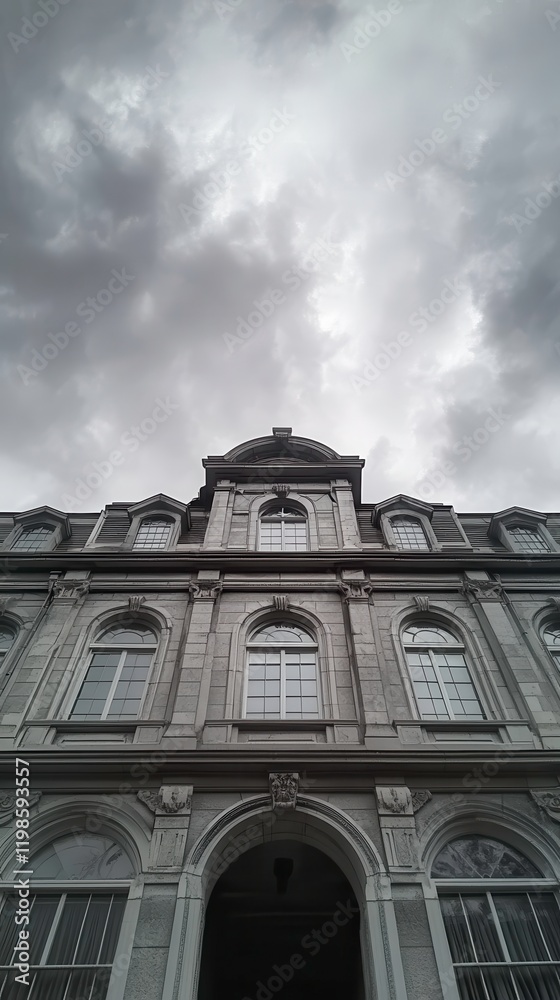 Fototapeta premium Courthouse Facade Under Cloudy Sky Reflecting Legal Proceedings About Marriage or Divorce. Generative AI