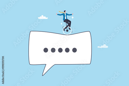 Communicate to success, talking or discussion, advice message dialogue, announcement speech bubble, business conversation or consultation concept, businessman acrobat on message speech bubble.