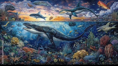 prehistoric marine ecosystem, showcasing large marine reptiles like Ichthyosaurs and Plesiosaurs photo