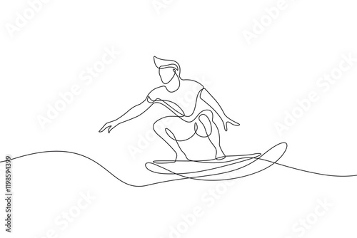 Male Surfer Continuous One Line Art Drawing. Surfing Sport Concept Abstract One Line Vector Illustration. Surfer Minimal Trendy Design, Perfect for Prints, Sport Social Media, Posters, Branding Design