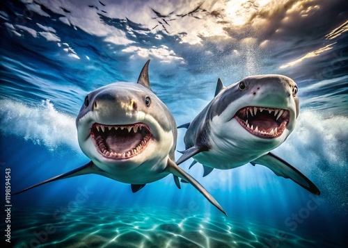 Aerial View of Two Aggressive Sharks, Powerful Jaws, Ocean Predators photo