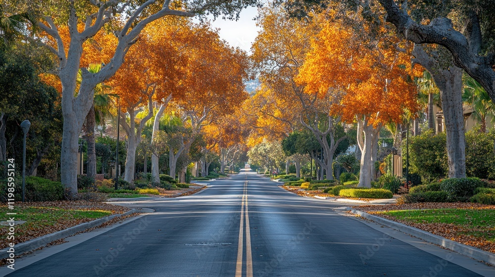 Serene autumn street lined with vibrant orange trees, showcasing peaceful neighborhood ambiance Serene autumn street lined with vibrant orange trees, showcasing peaceful neighborhood ambiance