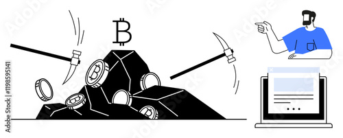 Pickaxes striking a mountain to reveal Bitcoin coins. Person explaining, pointing towards a computer with coding interface. Ideal for blockchain, cryptocurrency, mining operations, digital currency