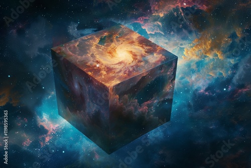 Exploring the mysteries of the cosmos through a cosmic cube representing the fourth dimension in a breathtaking universe filled with vibrant colors and swirling galaxies