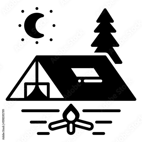 Camping Icon with Tent, Campfire, Trees, and Sun Representing Outdoor Adventure