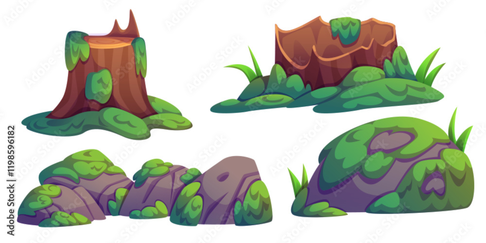 Natural swamp scenery elements - weathered tree stump, broken log and scattered rocks covered in lush moss patches and grass tufts. Forest landscape components - stones and vegetation environment.