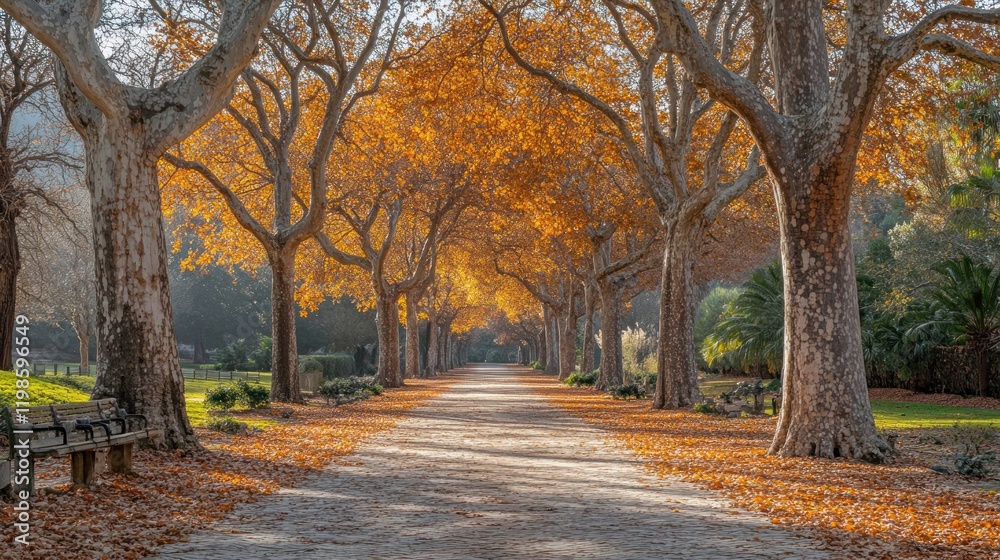 Fototapeta premium Serene autumn pathway lined with vibrant orange trees, inviting leisurely strolls in a peaceful park