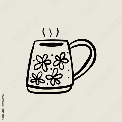 Potted Ceramic Tea Cup. Coffee Mug Sketch Black Line Symbol. Stylized Whimsical Hand Drawn Vector Element Decor