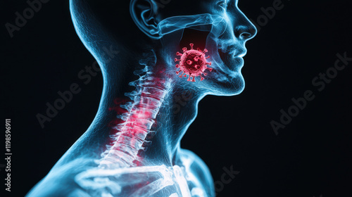 3D illustration of human neck anatomy with virus representation, highlighting infection. visual emphasizes health and disease