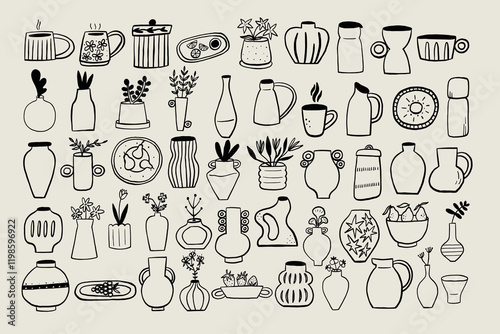 Set Pottery Ceramic Utensil. Collection Sketch Black Line Kitchen Symbol. Stylized Whimsical Hand Drawn Vector Element Decor
