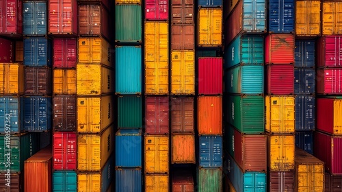 Colorful shipping containers stacked for import and export in a busy port.