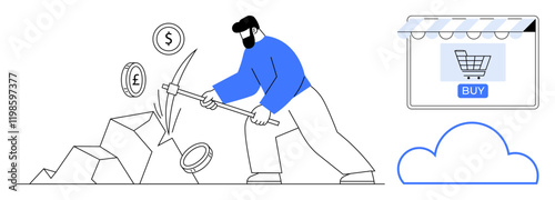 Man breaking rocks with currencies using pickaxe, online storefront and cloud service. Ideal for financial technology, e-commerce, digital currency mining, cloud computing, investment strategies