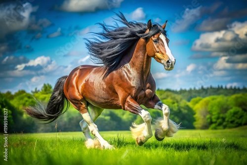Irish Cob Horse Galloping in Green Summer Pasture - High Resolution Stock Photo
