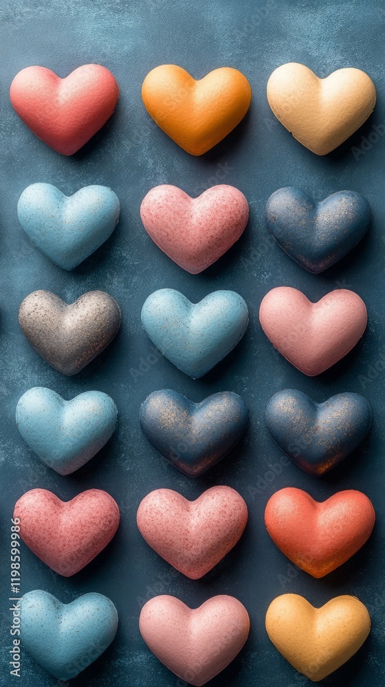 Obraz premium Colorful heart-shaped decorations arranged in various shades on a textured blue backdrop