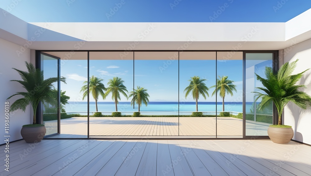 big wide empty room of a luxury tropical house with beach and palms view through glass doors big wide empty room of a luxury tropical house with beach and palms view through glass doors