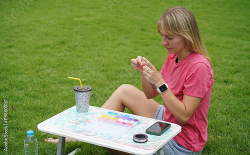 Young woman beading colorful bracelets outdoors in a park photo