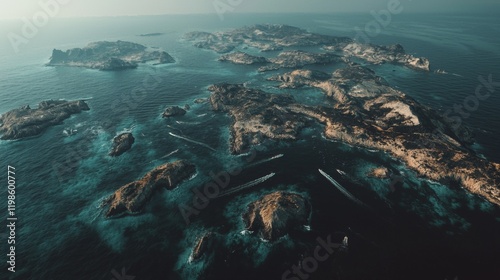 Stunning Aerial View of Turquoise Ocean Rocky Islands and Boats