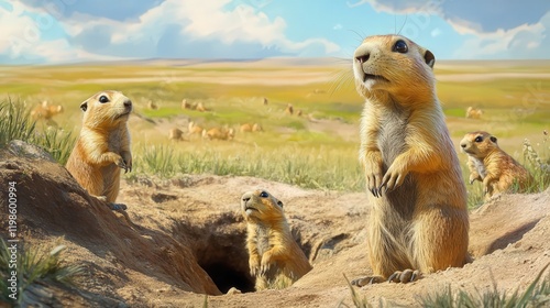 family of prairie dogs standing alert in their burrow entrances, scanning